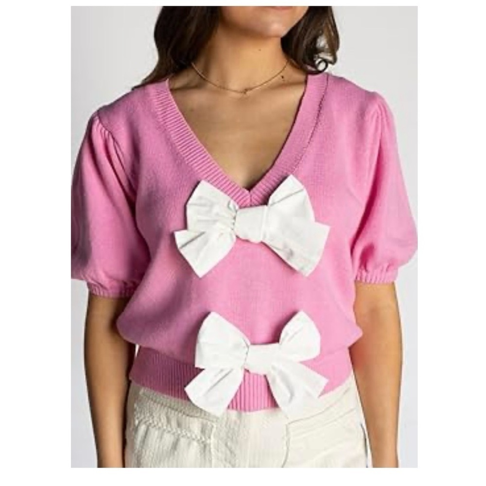 Lalavon Pink Sweater with White Bows size S NWT